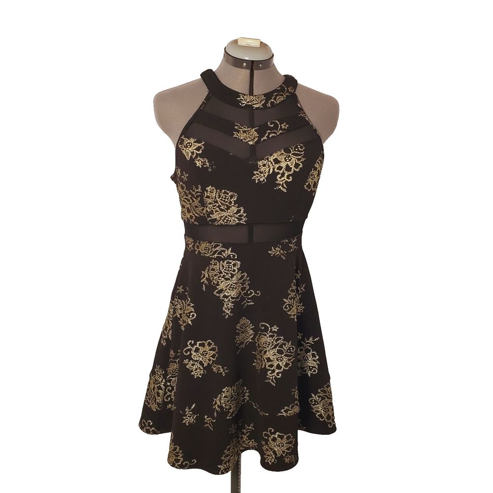 Emerald Sundae Junior Size L Black and Gold Metallic Foil Floral Print Dress